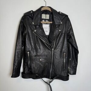 DEADWOOD Noma Black‎ Recycled Leather Biker Jacket Moto Style Sz 36